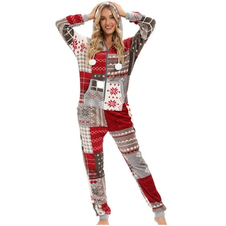 

jsaierl Womens Hooded Jumpsuit Long Sleeve Cute Print Onesies Zip Up One Piece Christmas Pajamas Sleepwear for Women