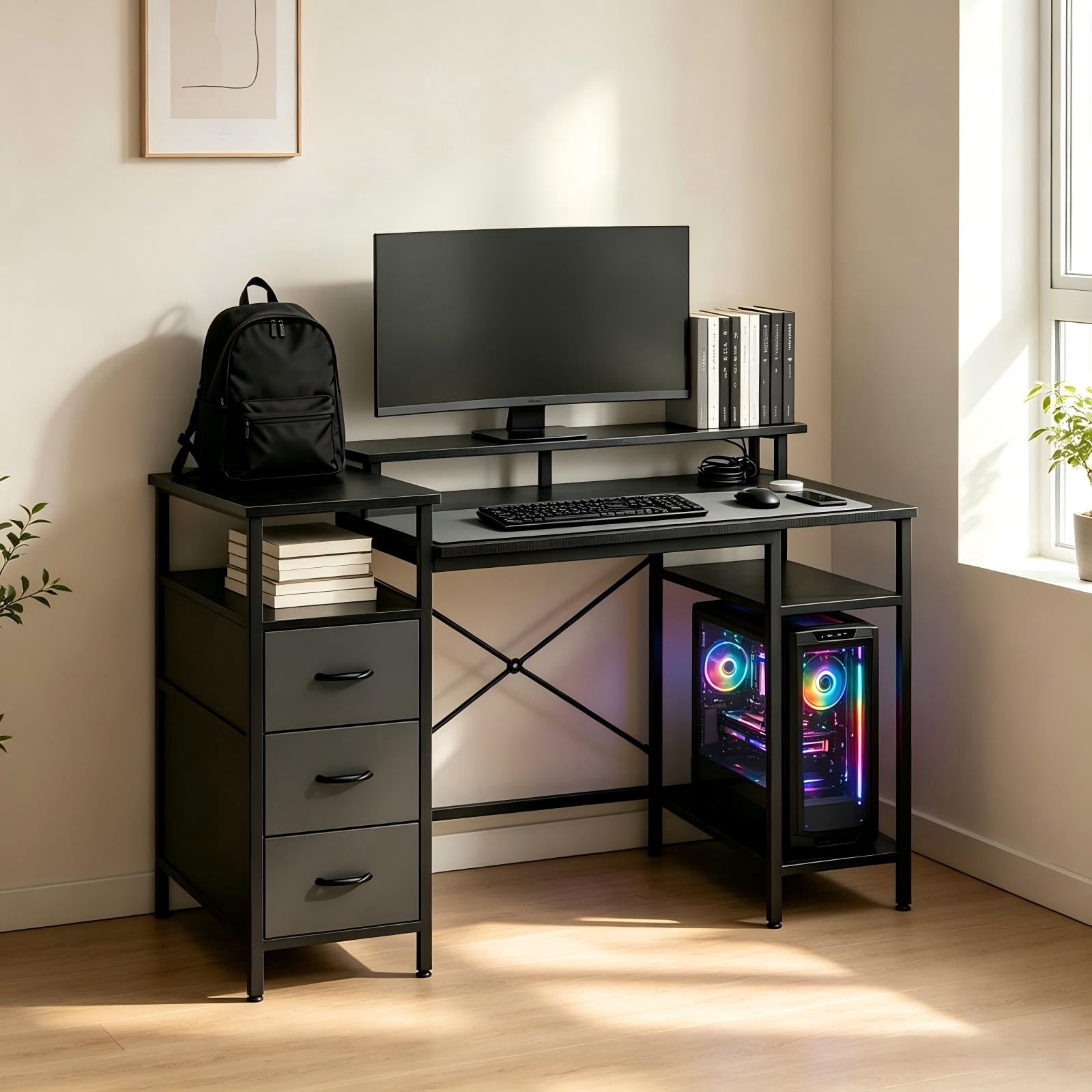 3-Drawer 4-Shelf Computer Desk with Power Strip, 47.2 x 18.8 x 34.7 in, Black