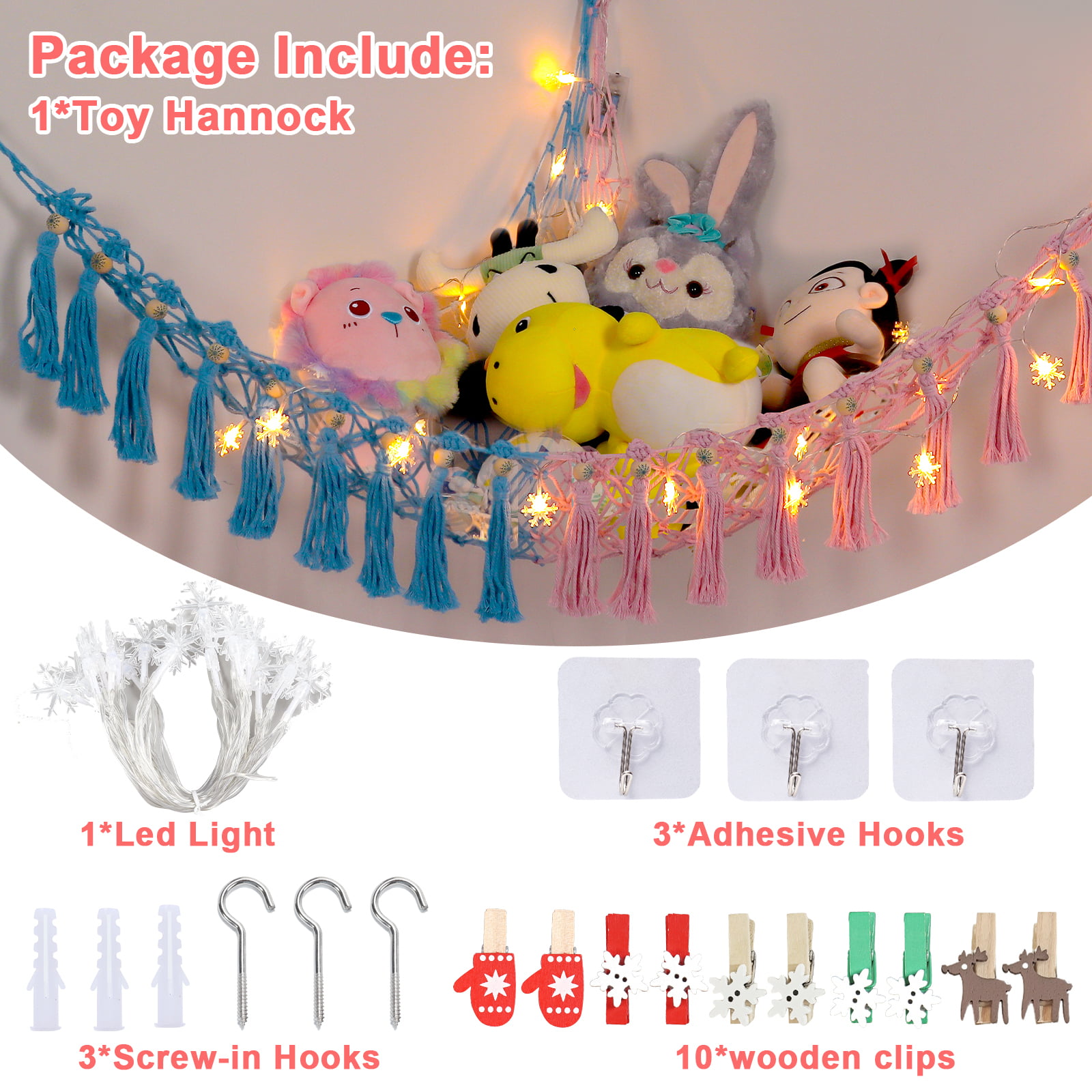 For US,Stuffed Animal Net or Hammock with LED Light and Colorful