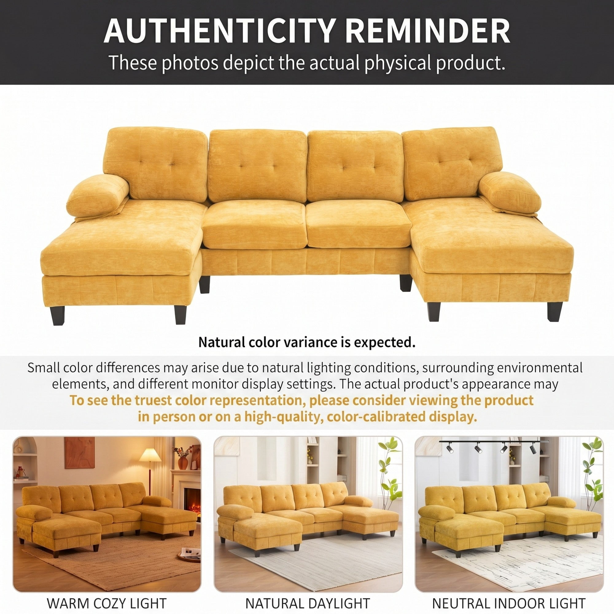 Sailvan 103.5" U-Shaped Sectional Sofa, Chenille Fabric Couch with Dual Chaises and Storage Pockets Yellow
