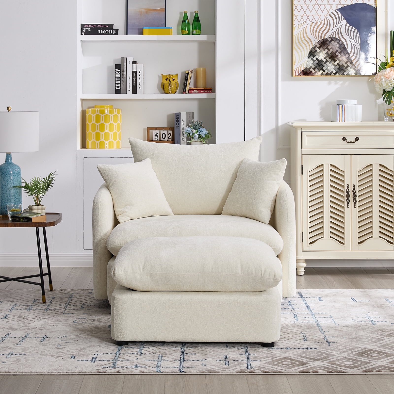 44.6" W Oversized Swivel Armchair with Ottoman,37.8" Large Seat Width Accent Chair with 3 Pillows