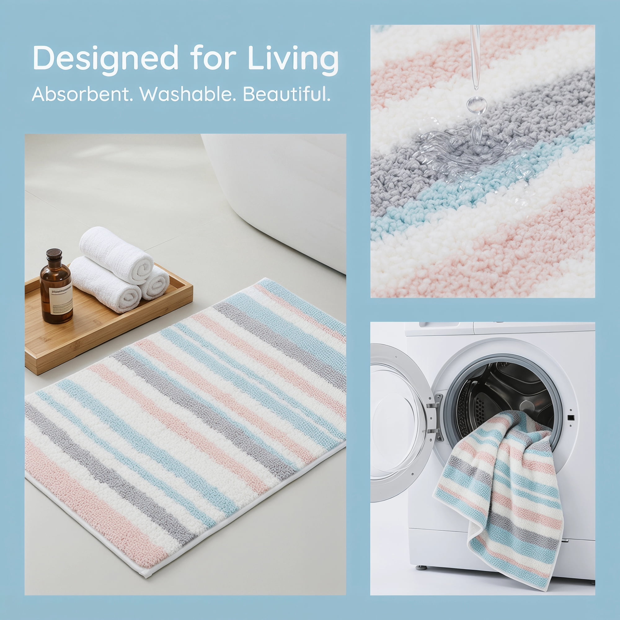 Unique Bargains Absorbent Striped Non Slip Quick Dry Washable Bath Mats Pink 30"x17"