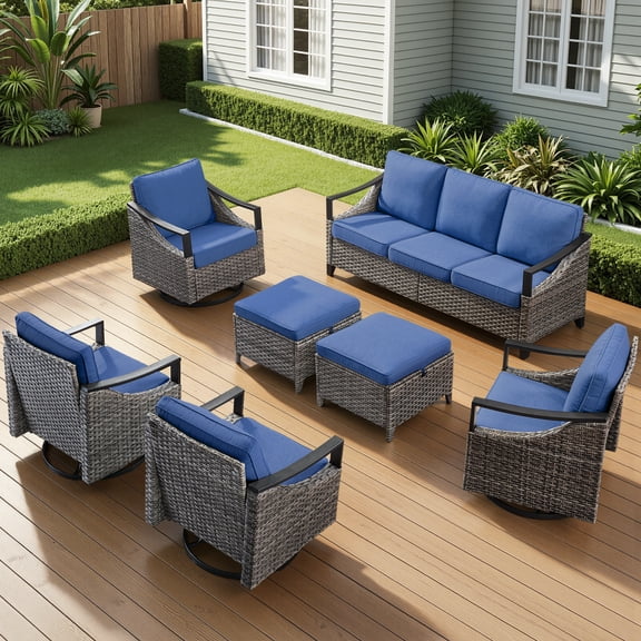 Opohoro 7 Pieces Outdoor Conversation Set with Sofa and Ottomans, Gray PE Rattan Patio Furniture with Blue Cushions for Porch or Backyard