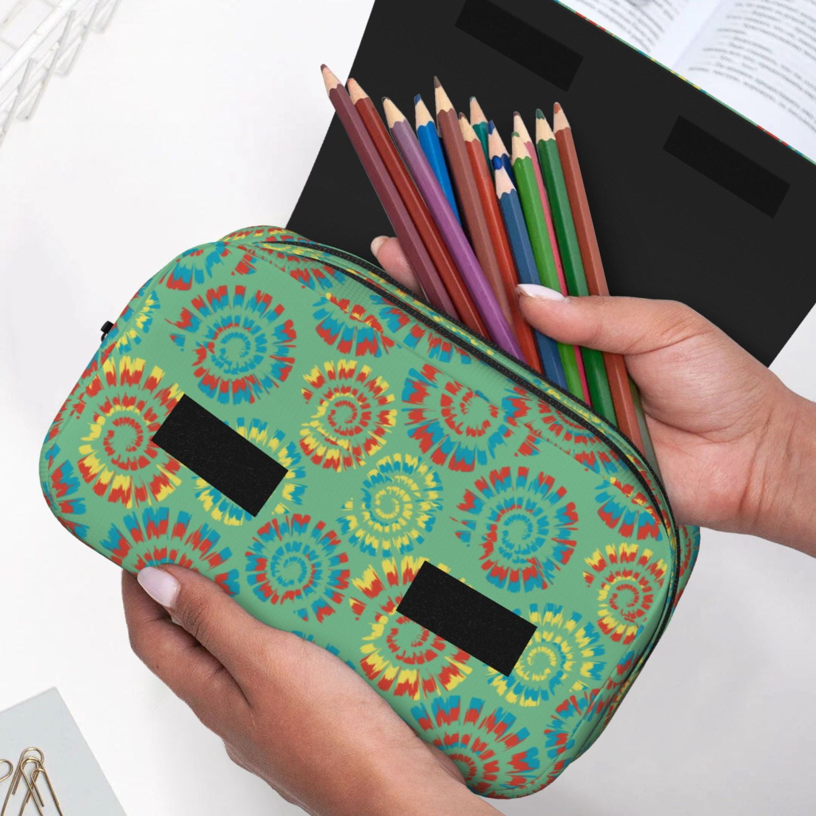 Rateoe Colourful Tie Dye Pattern Double Clamshell Pen Case, Storage Organizer with Two Zipper Compartments– Holds Up to 50 Pencils & Pens