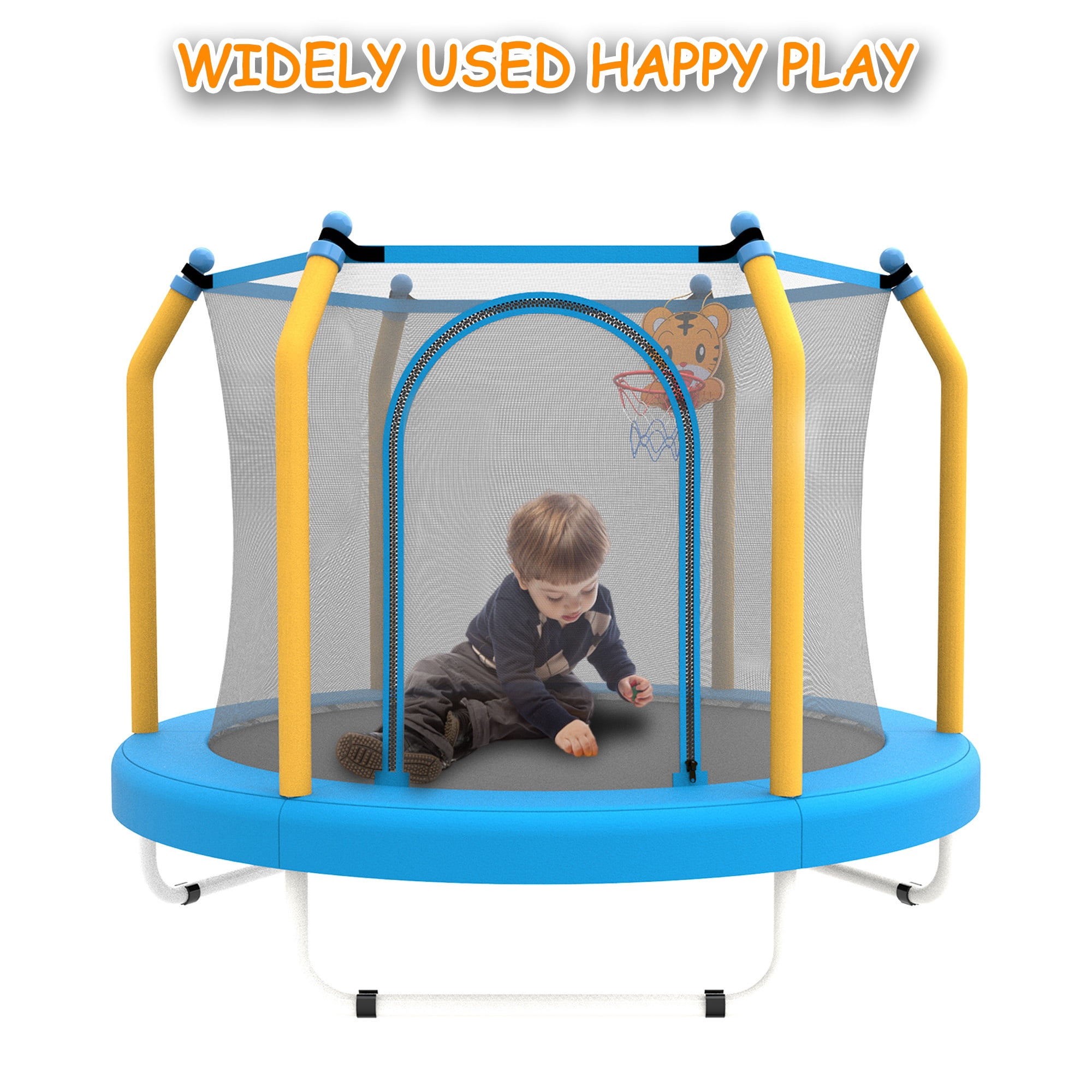 BTMWAY 55" Toddler Trampoline with Safety Enclosure Net, Trampoline Indoor & Outdoor, Mini Trampoline for kids 1-8 with Basketball Hoop, Ball and Thick Foam Protection, Birthday Gifts for Boy & Girl