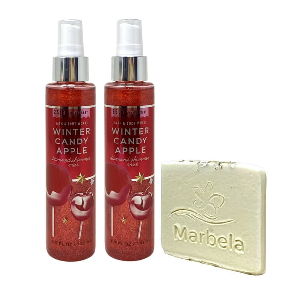Bath & Body Works Winter Candy Apple Diamond Shimmer Mist 2 Pack with a Marbela Natural Oats Sample Bar Soap