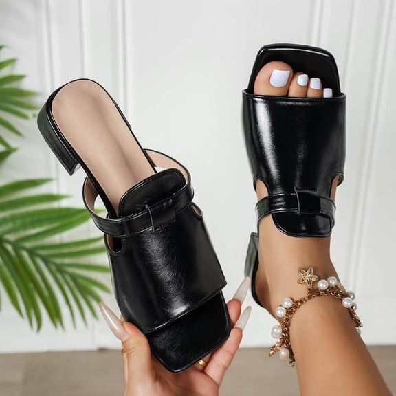 Xucatan Women's Double Strap Mule Slides, Square Toe Low Heel Slippers with Chunky Block Heel, Faux Leather Casual Summer Sandals, Versatile Solid Color Design for Spring Daily Gift