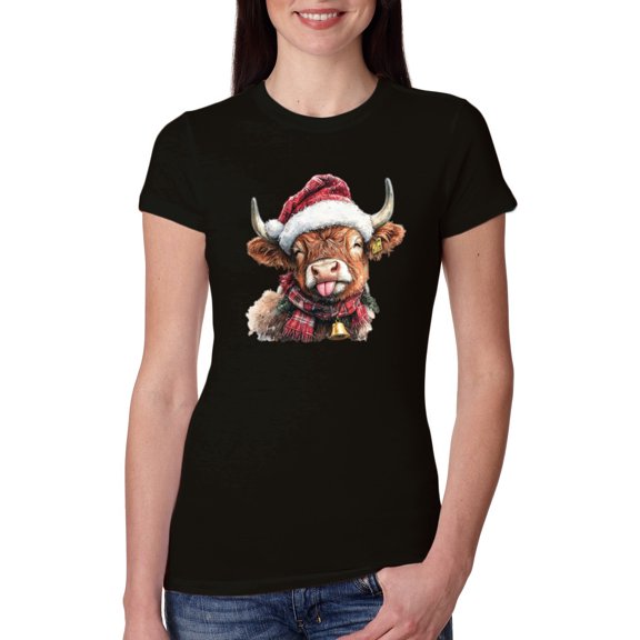Wild Bobby Cute Fluffy Christmas Cow with Santa Hat, Cute Christmas Design Sweater | Holiday Women Slim Fit Junior Tee