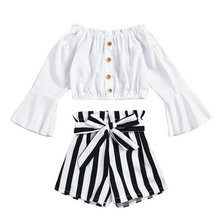 

EHTMSAK Newborn Infant Toddler Baby Kids Children Child Girl 2PCS Outfits Clothing Set Long Sleeve Flare Sleeve T Shirts and Striped Shorts Set off Shoulder White 0-4Y 110