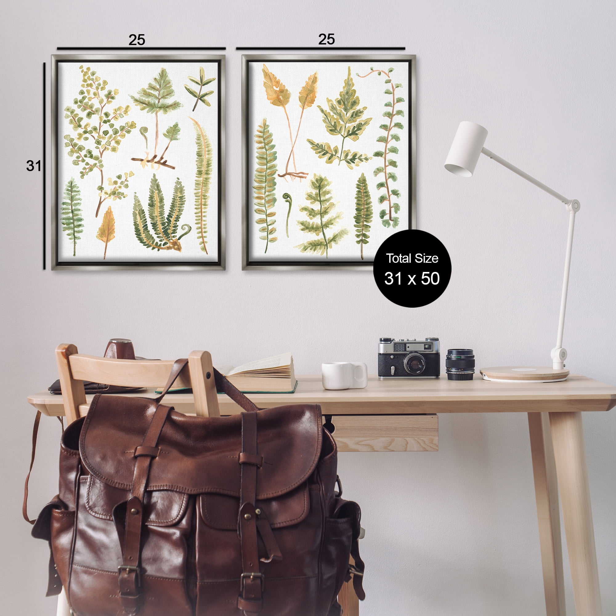 Stupell Industries Watercolor Fern Leaves Plants & Flowers Painting Gray Floater Framed Canvas Art Print Wall Art, 31 x 25, Set of 2