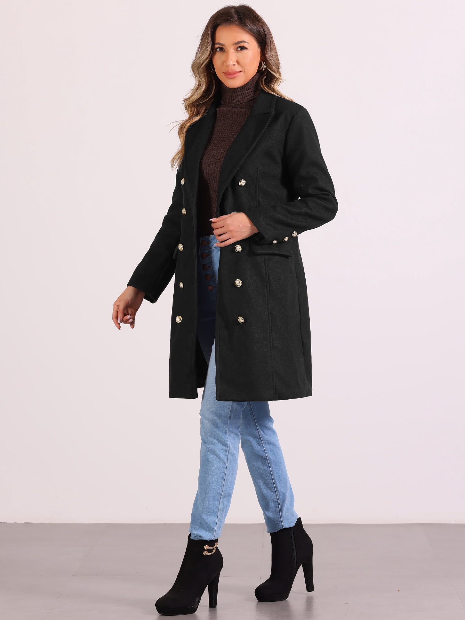 DARING DIVA Women's Notched Lapel Double Breasted Midi Long Winter Coats Black XS