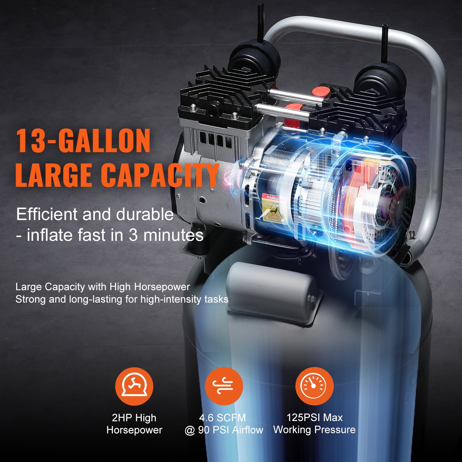 KFFKFF Air Compressor with 13 Gallon Capacity, 2HP 4.6 SCFM@90PSI Oil-Free, 66dB Ultra-Silent Operation, Suitable for Tire Pumping, Vehicle Maintenance, Woodwork Fastening, Spray Artistry