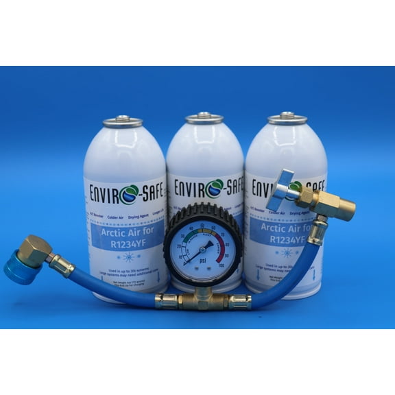 Envirosafe Arctic Air for R1234yf Systems, 3 Cans and Universal Brass Charging Gauge, R1234, R1234yf