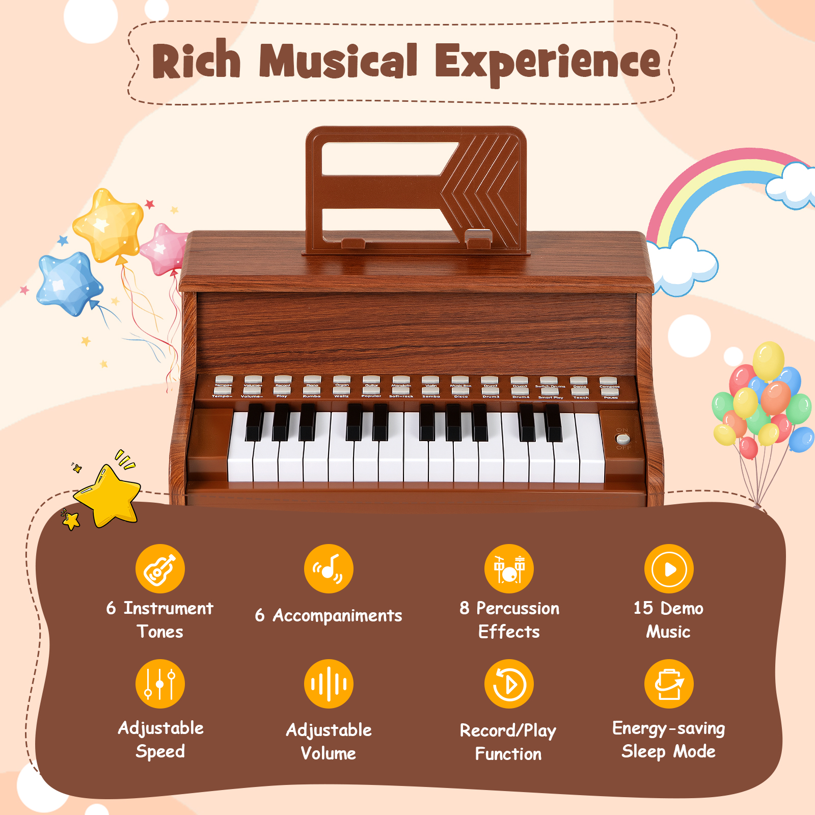 Gymax 25 Keys Digital Piano w/Music Stand Teaching Mode Lighted Keys 6 Instruments Brown