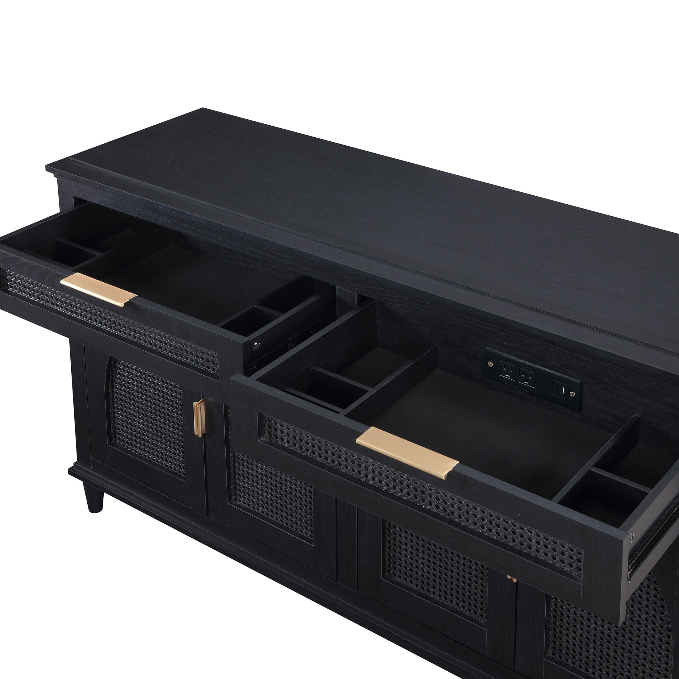 Beautiful Drew Rattan Media Console with Teched Away Drawer by Drew Barrymore, Black Finish