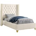 thumbnail image 1 of Meridian Furniture Soho Collection Modern | Contemporary Bonded Leather Upholstered Wingback Bed with Deep Button Tufting, Gold Nailhead Trim and Custom Gold Legs, White, Twin, 1 of 2