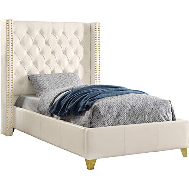 Meridian Furniture Soho Collection Modern | Contemporary Bonded Leather Upholstered Wingback Bed with Deep Button Tufting, Gold Nailhead Trim and Custom Gold Legs, White, Twin