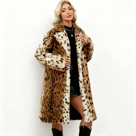 Luxurious Longline Faux Coat For Elegant Leopard Print Pattern Soft Warm Winter Jacket Outerwear Fashionable Statement Piece Women'S Fur & Faux Fur Jackets & Coats Coffee L