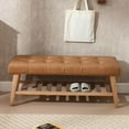 thumbnail image 4 of Entryway Shoe  Storage Benches with Upholstered Button Tufted Seat and Open Slatted Shelf PU Leather Ottoman  for Hallway Living Room Bedroom End of Bed, Brown, 4 of 8
