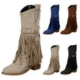 thumbnail image 3 of XIMIN Women Fringe Cowgirl Boots Knee High Boots Embroidered Cowboy Boots Stud Square Toe Mid Calf Western Boots with Chunky Heel Comfort Tall Western Boots, 3 of 5