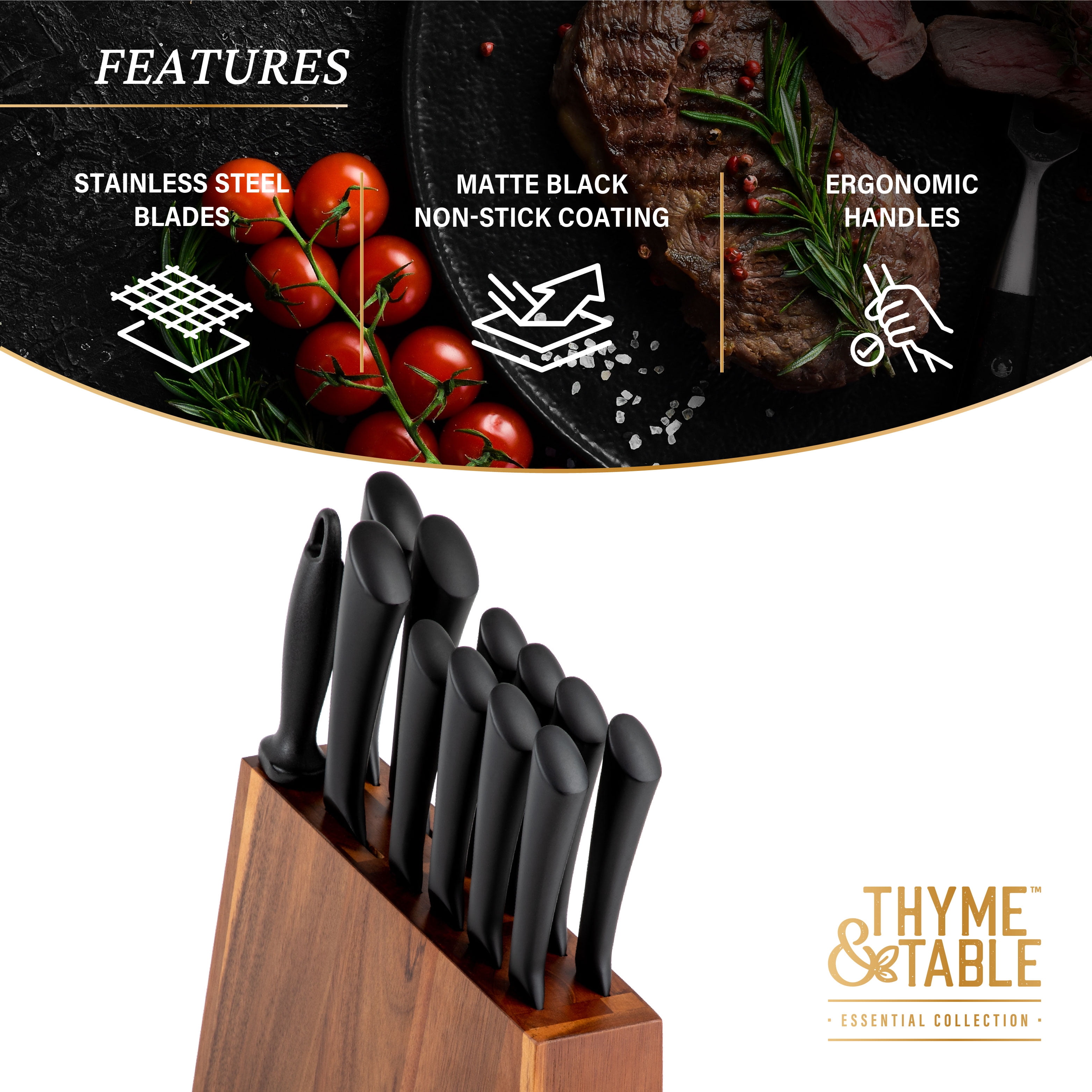 Thyme & Table Knife Set, 13Piece Kitchen Slim Block Stainless Steel Knife Set