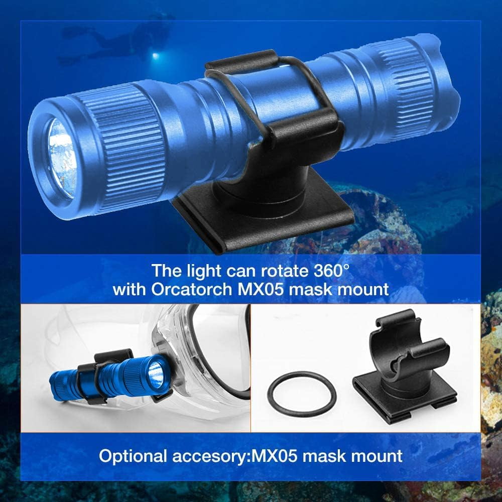 ORCATORCH D560 Mini Scuba Dive Light Headlamp 650 Lumen Mask Diving Flashlight with 360° Rotatable Mask Clip, Underwater 150m Backup Headlight with Rotary Switch (Not Included Snorkel Mask) (Blue)