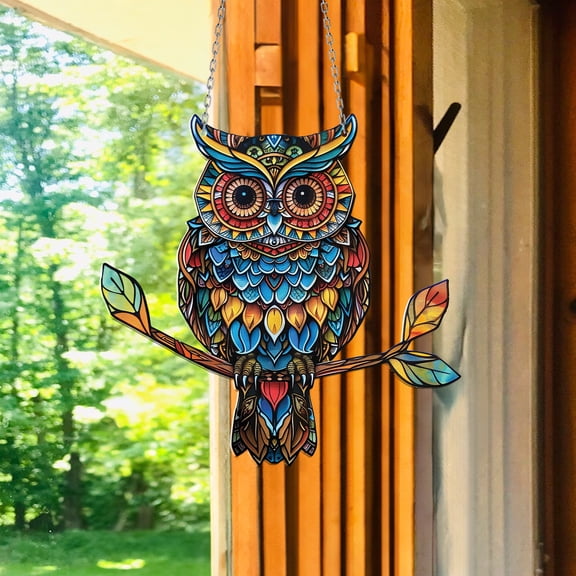 Owl Acrylic 2D Window Hanging, Mandala Stained Glass Style Decor, Perfect Indoor Home Decoration Gift for Nature and Bird Lovers