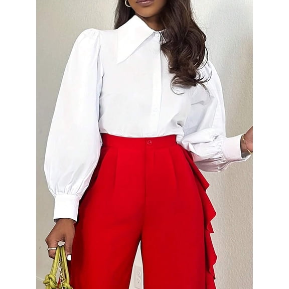 Collared Button-Up Shirt with Cuffed Puff Sleeves and Fitted Silhouette