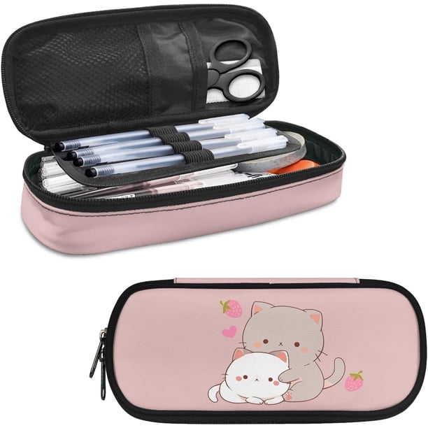 Estuche para lápices Kawaii con diseño de gato y fresa, resistente, portátil, para niñas, niños, adolescentes, escuela y oficina