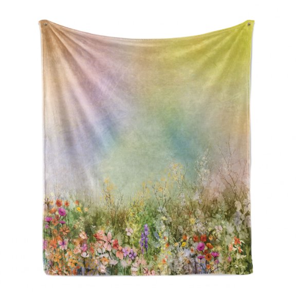 Flower Soft Flannel Fleece Throw Blanket, Cosmos Daisy Cornflower Wildflower Dandelion in Floral Meadow Drawing of Nature, Cozy Plush for Indoor and Outdoor Use, 60" x 80", Multicolor, by Ambesonne