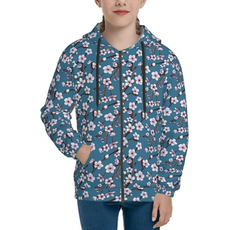 

Hoodies for Women Delicate berry blossom navyblue Long Sleeve Sweatshirt Drawstring Zip Up Hoodie with Pockets Teen Girl Clothes
