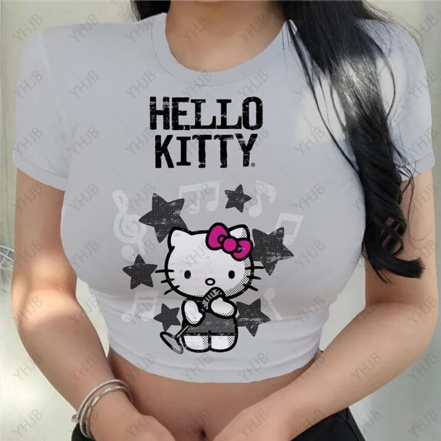 RWJDXD Chemises Décontractées d'Été pour Femmes Mode Urbaine Manches Courtes Crop Tops Imprimé Chat Hello Kitty Col Rond Ajusté T-Shirts