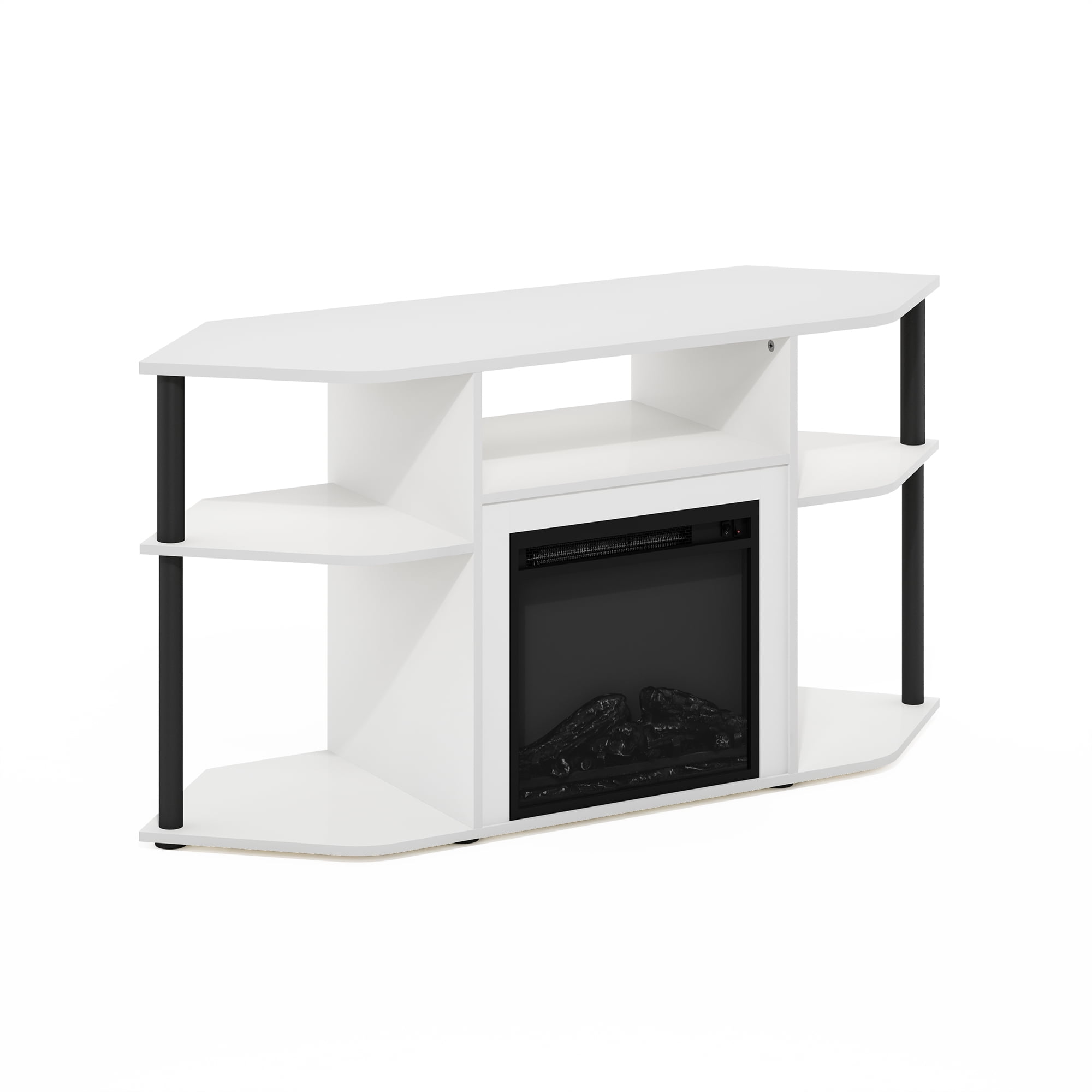 Furinno Jensen Open Storage Corner Fireplace TV Entertainment Center with Plastic Poles for TV up to 55 Inch, Solid White/Black