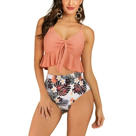 

Sexy Women Two Piece Ruffled Swimsuit Swimwear High Waist Beachwear Floral Print Push-Up Bra Padded Braces Bathing Suit Tops With Swim Briefs Bottoms Swimming Tummy Control