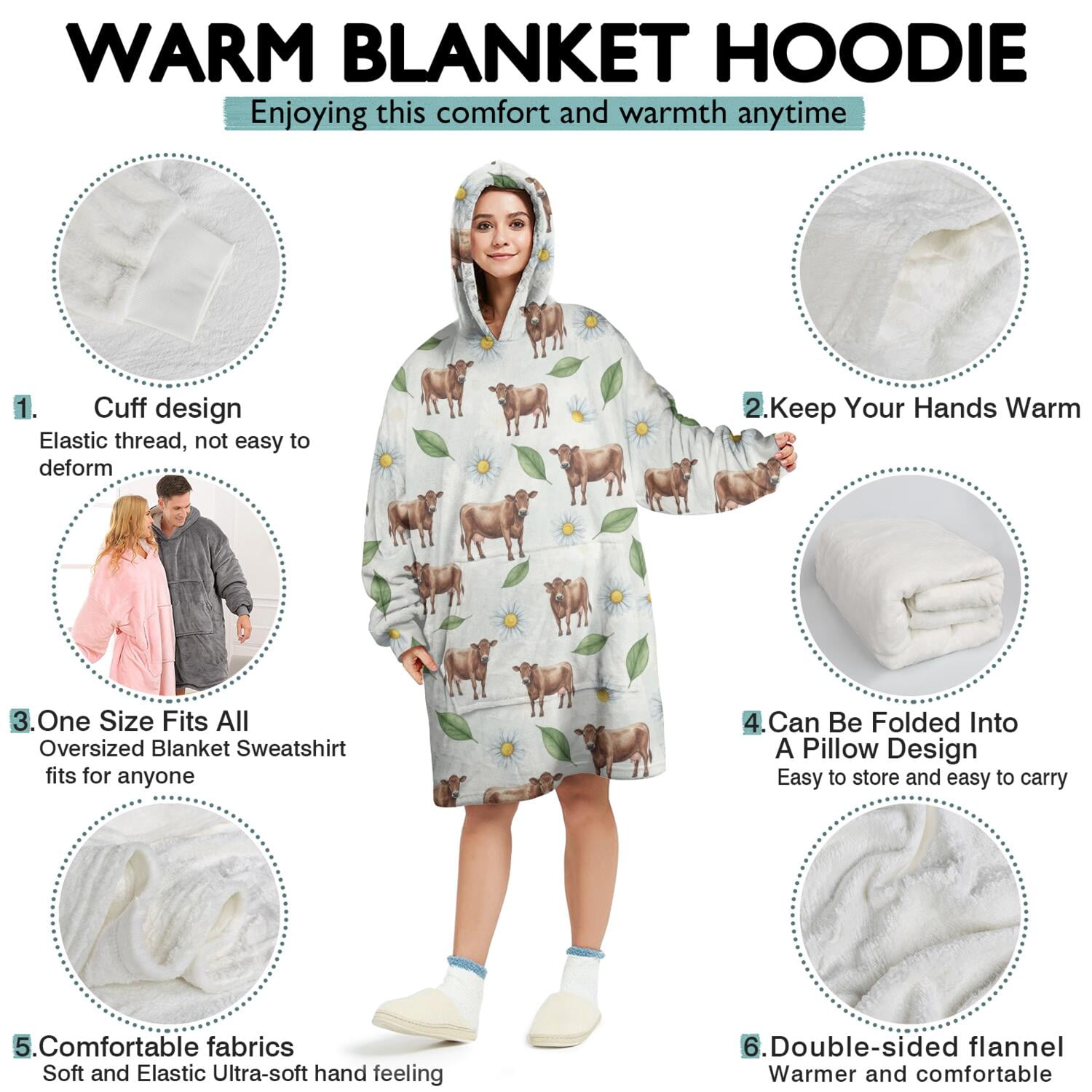 Green Cow Daisy Leaf Pattern Wearable Oversized Blanket,Wearable Blanket Hoodie for Adults,Cozy Hooded Blankets with Super Pockets,Super Warm Fuzzy Pullover for Women & Men