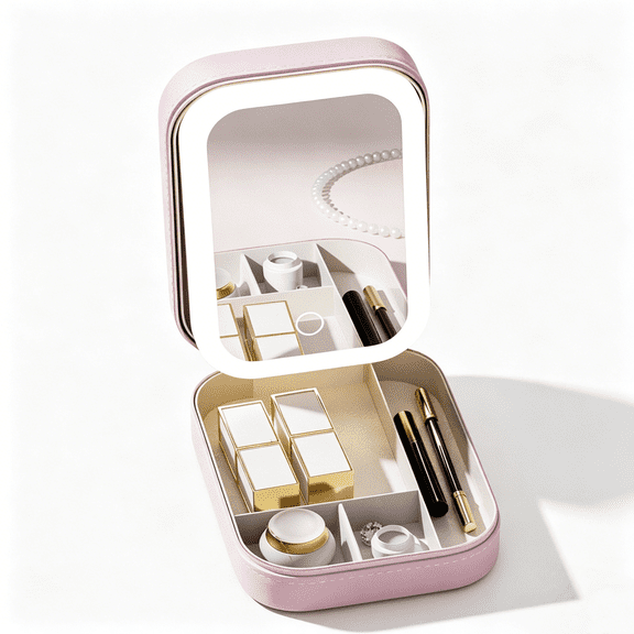 Biiend Portable Jewelry Box with LED Mirror, Travel Jewelry Organizer Case for Women, 3 Color Light Makeup Mirror Storage Box for Rings Earrings Necklaces