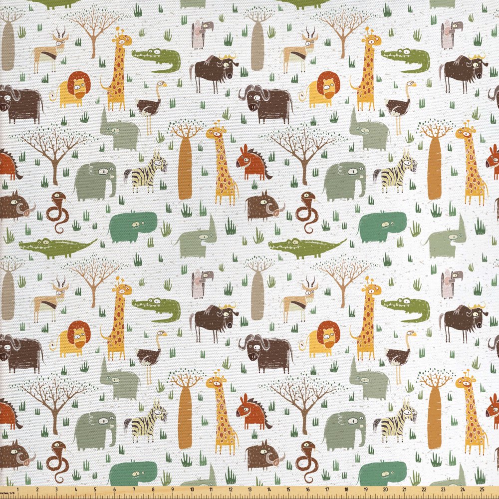 Cartoon Animal Fabric by The Yard, Grunge Savannah Fauna Childhood
