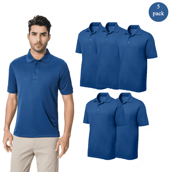 Zfeel Men's Mesh Polo Shirt, 100 Poly Pique True Navy Polo, Moisture-Wicking, 5-Pack, Size S
