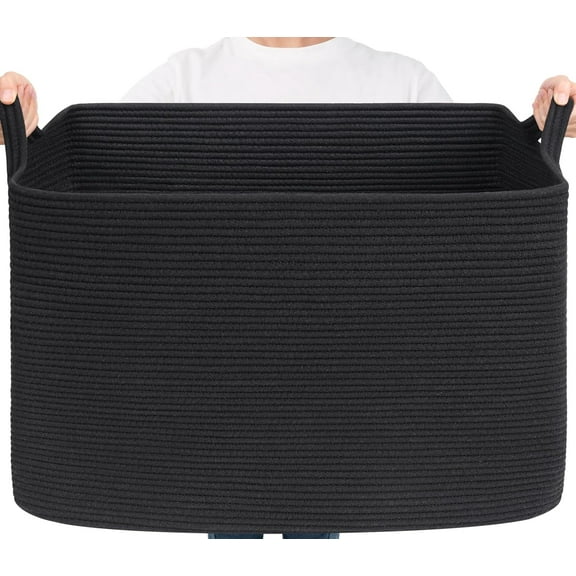 PrimeCook Shop Large Woven Storage Basket, 105L Extra Large Blanket Basket for Living Room, Bedroom, Rectangle Cotton Rope Organizer for Toy Storage, 25”x16”x16”, Black