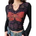 thumbnail image 2 of Women's Notched V Neck Tops Vintage Butterfly Print Long Sleeve Slim Fit T-Shirt Casual Blouse, 2 of 10