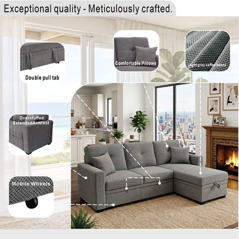 L-Shaped Sectional Sofa with Pull-Out Bed and Reversible Chaise, Convertible Sleeper Sofa Bed Modern Couch Bed for Living Room Apartment