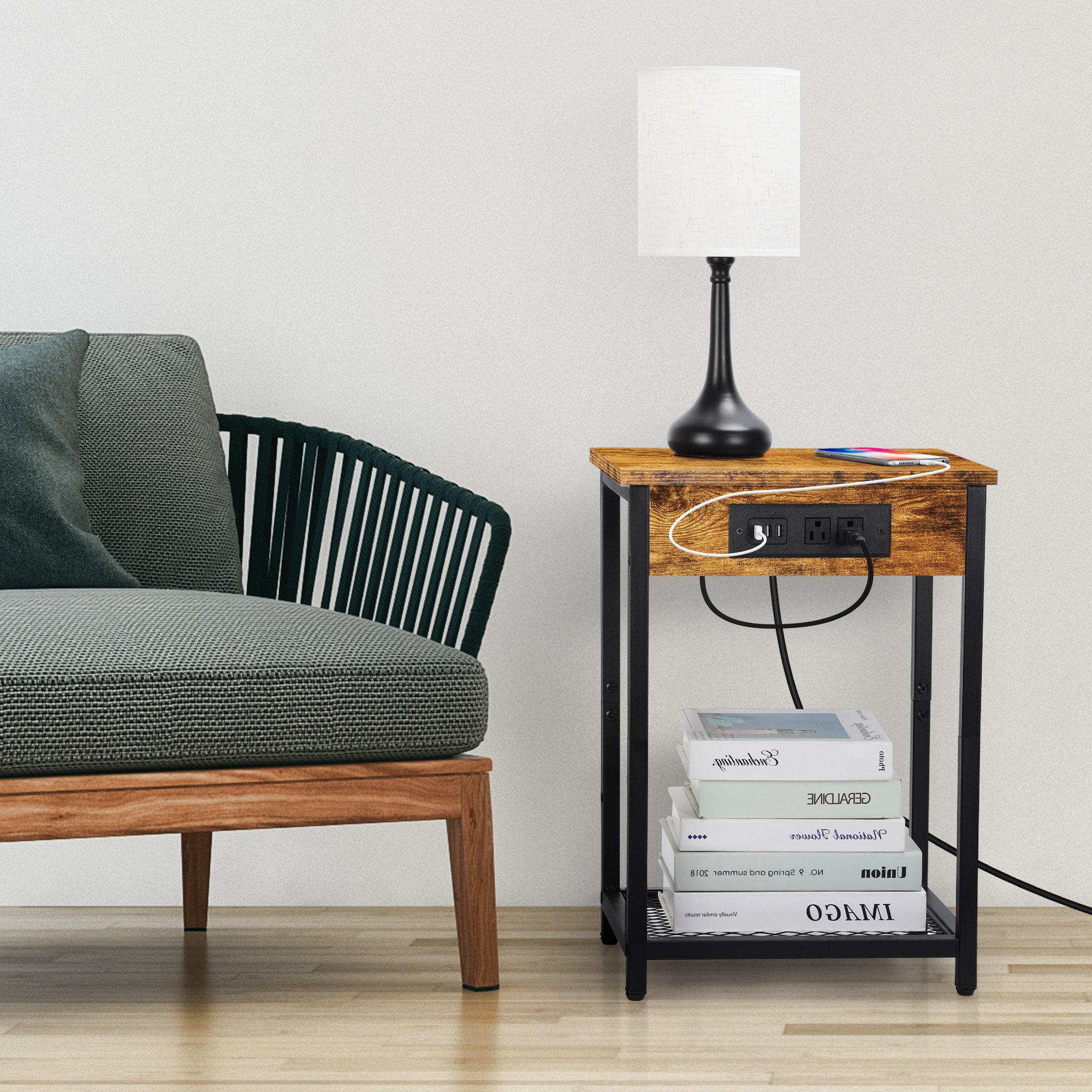 Oumilen Adult Nightstand End Table with Charging Station Rustic Brown, Set of 2