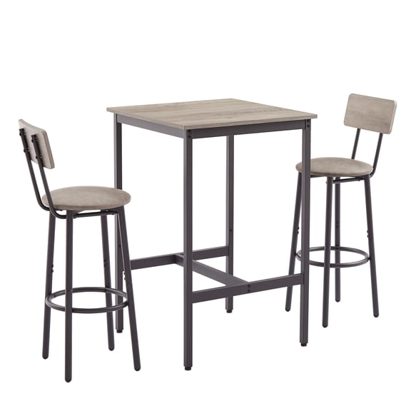 QuzyAor 3 Piece Long Bar Table and Chairs Set, Square High Top Pub Bistro Tables with Stools, Industrial Dining Table Set for Breakfast Nook, Living Room,Kitchen, Small Space, Bars, Gray