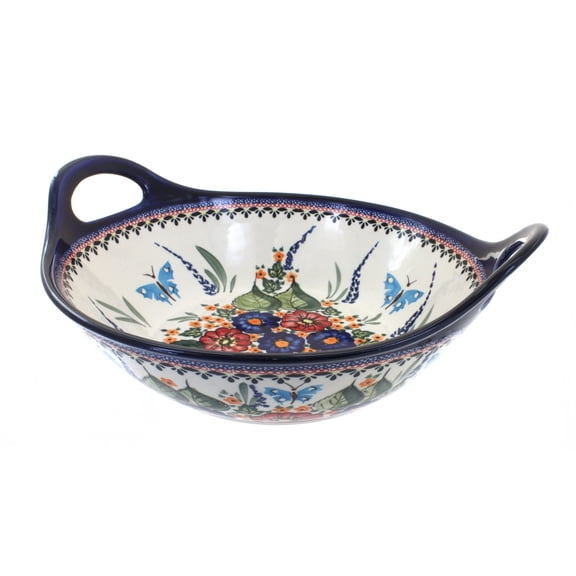 Blue Rose Polish Pottery Floral Butterfly Deep Bowl with Handles