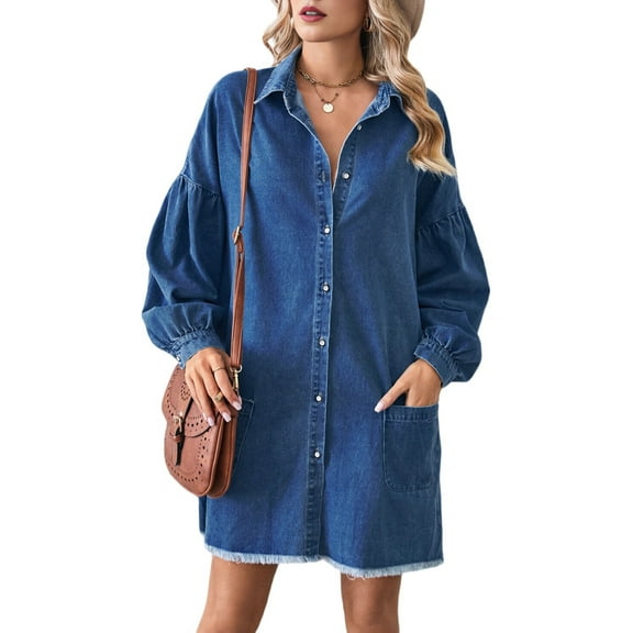 Women'S Oversized Denim Shirt Dress Button Up Lantern Long Sleeve Tiered Frayed Hem Mid Jean Dress Dark Blue L