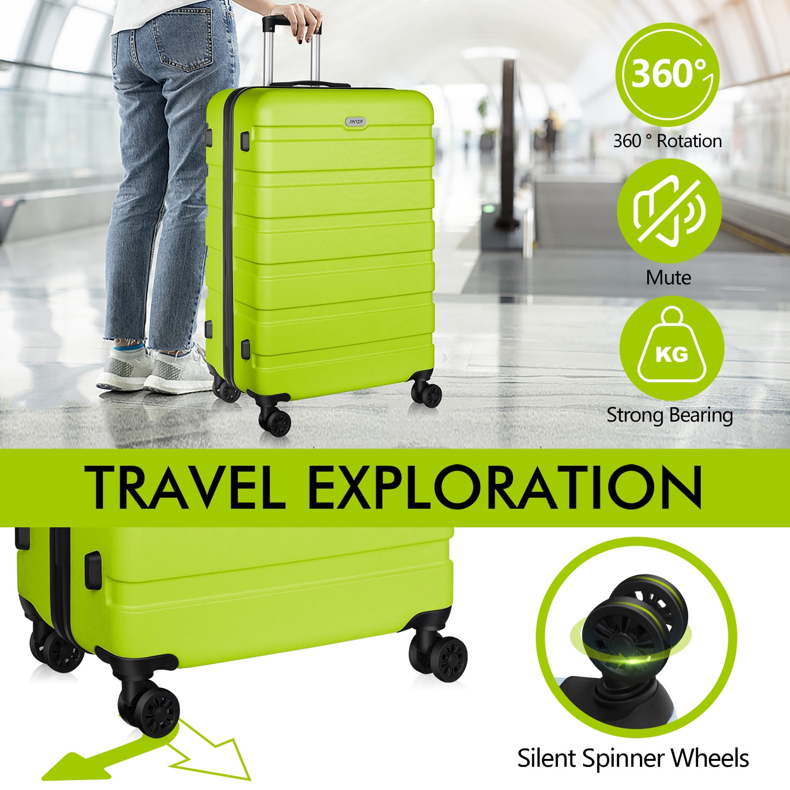 Luggage PC ABS Lightweight Suitcase with Wheels TSA Lock Hardshell Checked-Large Luggage 28 inch AppleGreen
