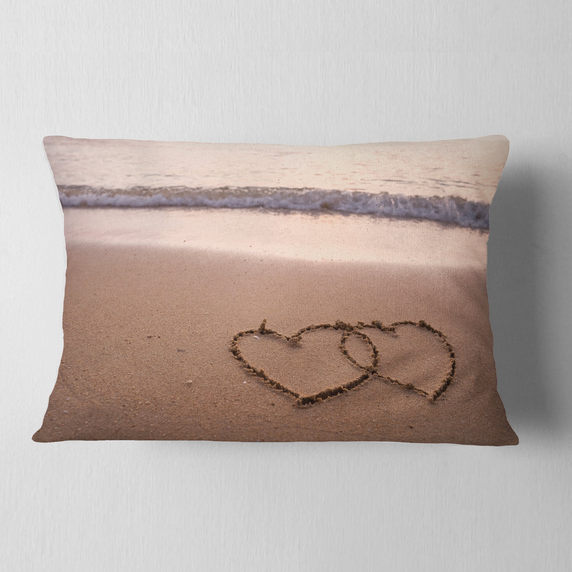 Designart Two Hearts Drawn on the Beach - Seascape Throw Pillow - 12x20