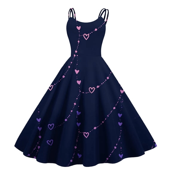 LWavelet 2026 Valentine's Fitted Heart Floral Dress, Women's Rose Blossom Sleeveless A Line Flowy Casual Sundresses Navy XL