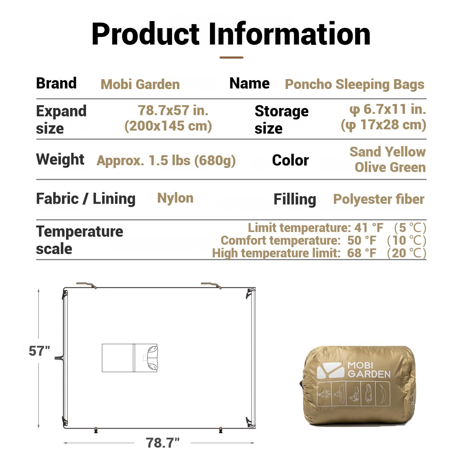 Mobi Garden, Poncho Sleeping Bag, Wearable Hooded Thermal Cape, Outdoor Warm Hooded Camping Quilt,  3 in 1 Sleeping Bag, 20D Ultralight Waterproof Fabric, For Home/Office/Camping/Traveling