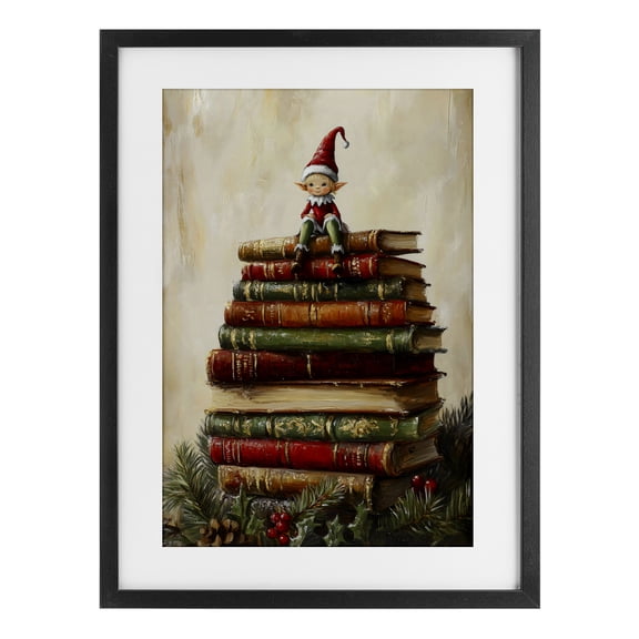 Christmas Elf Bookstack Black Framed Print Under Glass, design by Petal Prints Design